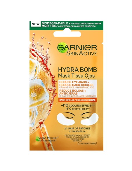 Mascarilla de tela para ojos Garnier Hydra Bomb naranja.