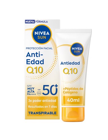 Envase y caja de la crema protectora facial Nivea Sun Antiedad Q10 SPF 50+ de 40 ml