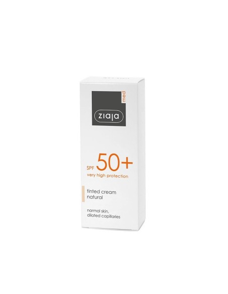 Caja de crema facial Ziaja Med SPF50+ con color natural.