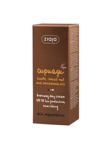 Caja y tubo de crema de día bronceadora Ziaja Cupuaçu 50 ml.