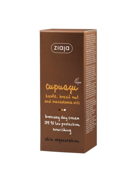 Caja y tubo de crema de día bronceadora Ziaja Cupuaçu 50 ml.