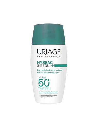 Envase de Uriage Hyseac 3-Regul+ SPF50+ cuidado global anti-imperfecciones.
