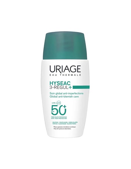 Envase de Uriage Hyseac 3-Regul+ SPF50+ cuidado global anti-imperfecciones.