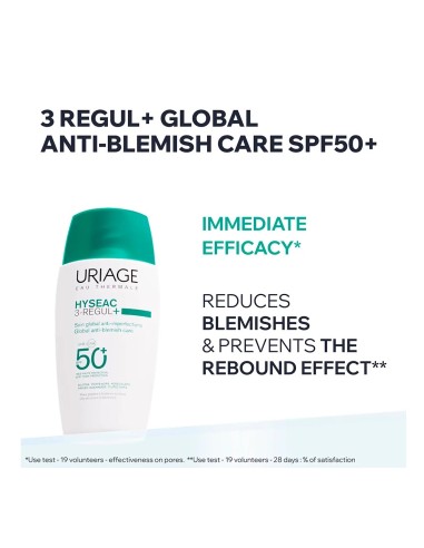 Infografía eficacia inmediata Uriage Hyseac 3-Regul+ reduce imperfecciones.