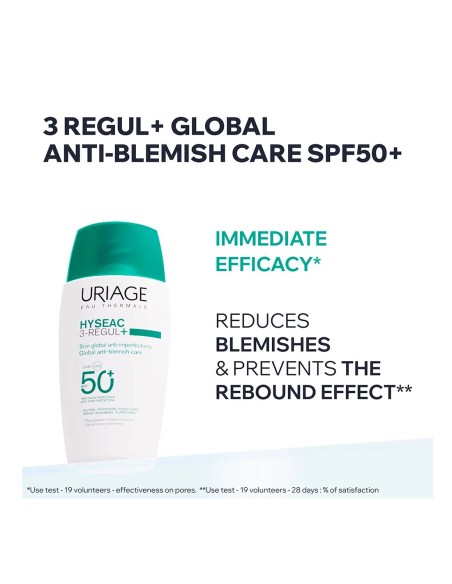 Infografía eficacia inmediata Uriage Hyseac 3-Regul+ reduce imperfecciones.