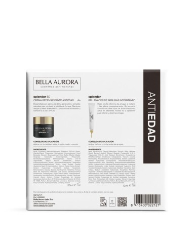 Vista posterior del pack Bella Aurora Splendor 60 con especificaciones e ingredientes INCI