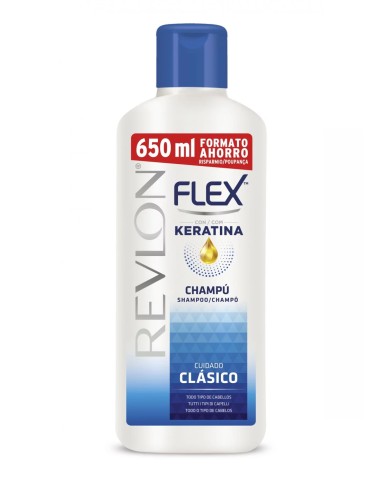 Botella frontal del champú Revlon Flex Cuidado Clásico con Keratina de 650 ml.