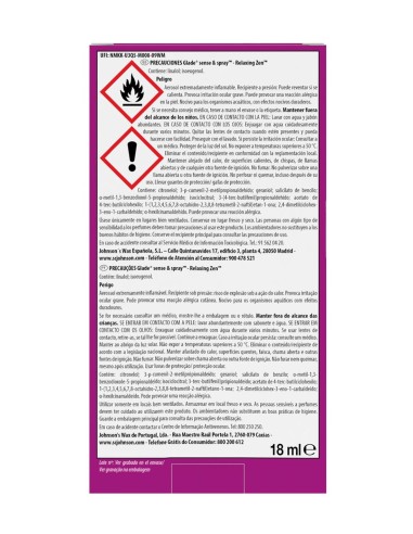 Reverso del empaque Glade Sense & Spray Relaxing Zen con etiquetado UFI y precauciones