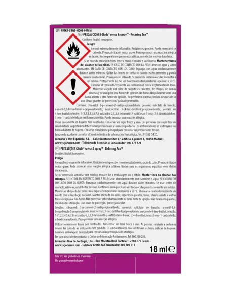 Reverso del empaque Glade Sense & Spray Relaxing Zen con etiquetado UFI y precauciones