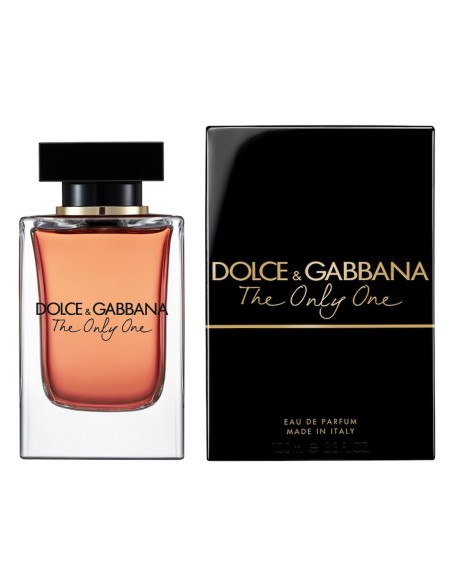 Presentación del perfume de mujer Dolce & Gabbana The Only One junto a su caja de embalaje de color negro y letras doradas