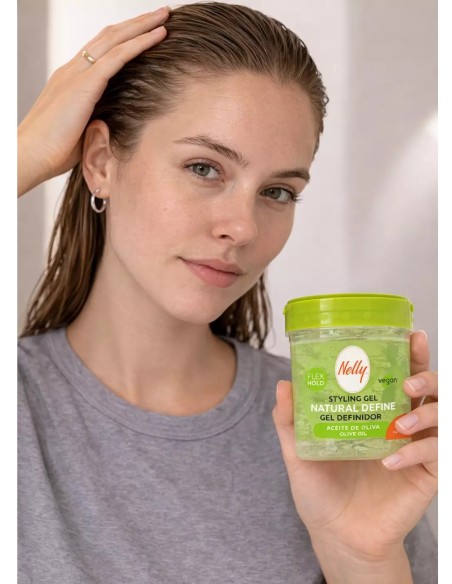 Gel de peinado definidor con aceite de oliva para el cabello.