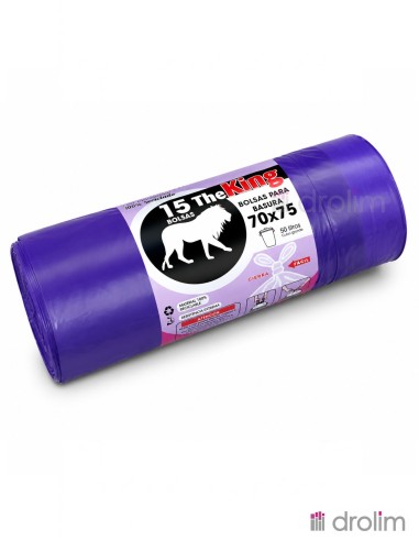 Rollo de 15 bolsas de basura violetas The King de 50 litros con cierre fácil