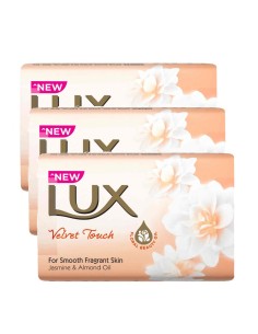 Pack de tres pastillas de jabón sólido Lux Velvet Touch con diseño floral de jazmín.