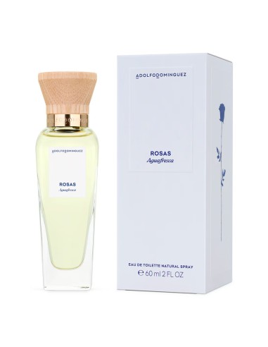 Frasco de vidrio de Agua Fresca de Rosas de 60 ml de Adolfo Dominguez con tapón de madera y su estuche blanco oficial.