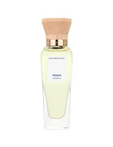 Detalle de la botella del Eau de Toilette Agua Fresca de Rosas 60 ml con su característica silueta minimalista y tapón de mader