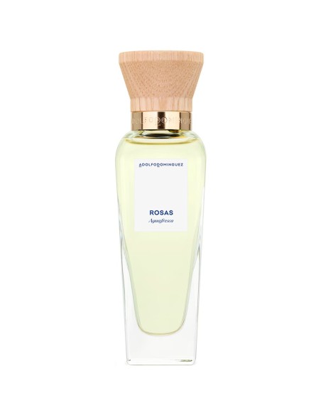 Detalle de la botella del Eau de Toilette Agua Fresca de Rosas 60 ml con su característica silueta minimalista y tapón de mader