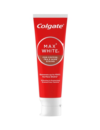 Tubo de pasta de dientes Colgate Max White para manchas de café, té y vino sobre fondo blanco.