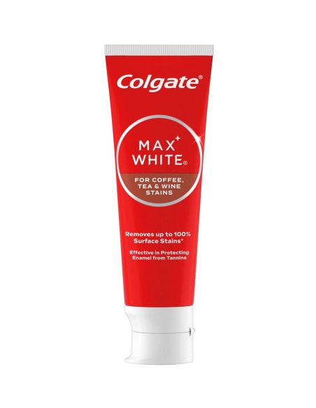 Tubo de pasta de dientes Colgate Max White para manchas de café, té y vino sobre fondo blanco.