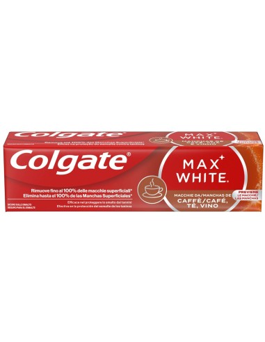 Caja de dentífrico Colgate Max White Café, Té y Vino con detalles de su fórmula protectora del esmalte.