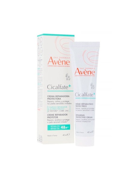 Caja y tubo de 40 ml de crema protectora reparadora Avène Cicalfate+ para pieles irritadas