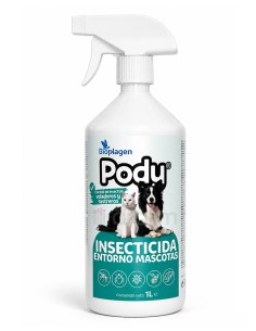 Envase de un litro de insecticida Pody para el entorno de mascotas con pulverizador