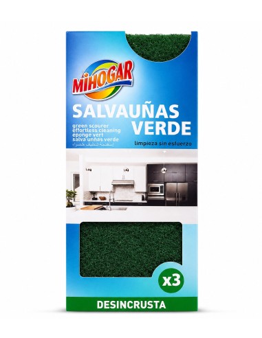 Empaque frontal del pack de tres estropajos salvauñas verdes de la marca Mi Hogar.