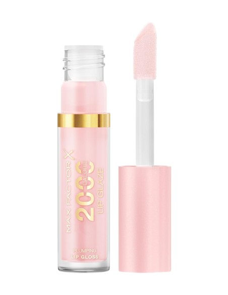 Brillo de labios voluminizador en tono rosa translúcido con su aplicador maxi expuesto sobre fondo blanco