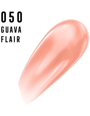 Muestra de textura cremosa y fluida del gloss labial en el tono coral suave Guava Flair
