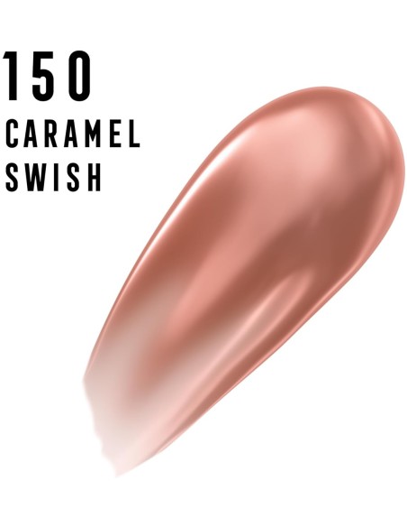 Muestra de textura cremosa y fluida del gloss labial en el tono marrón claro Caramel Swish
