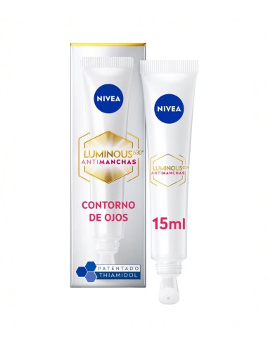 Tubo de 15 ml de Nivea Luminous630 Antimanchas para el contorno de ojos junto a su caja de presentación oficial.