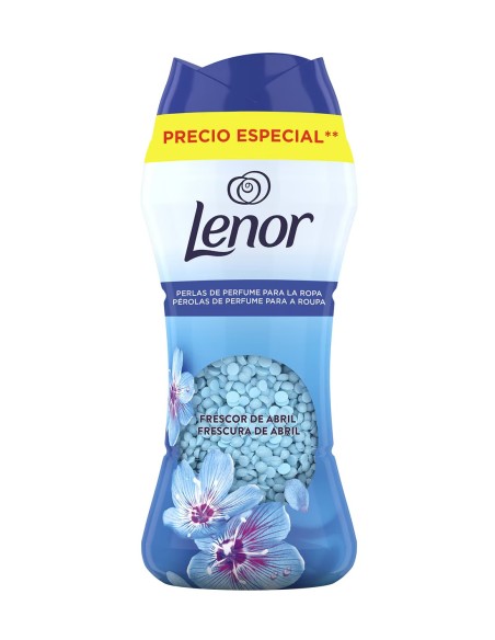 Vista frontal del envase de perlas de perfume para la ropa con motivos florales.