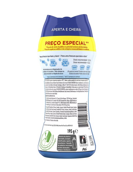 Detalle del reverso de la botella con las instrucciones de dosificación ilustradas.