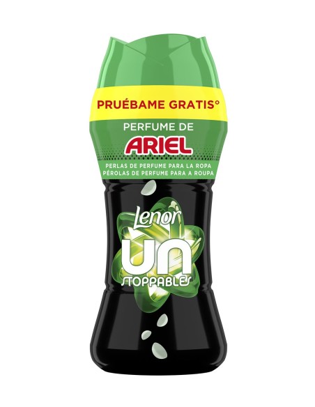 Vista frontal de la botella negra y verde de perlas de perfume para la colada