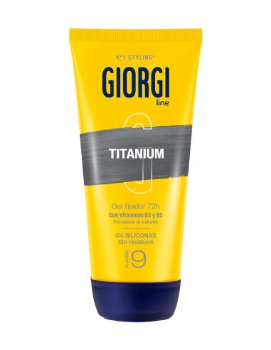 Vista frontal del tubo amarillo de gel fijador Giorgi Line Titanium con una franja gris metalizada central y el número 9 que de
