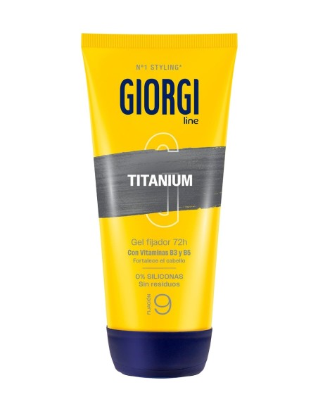 Vista frontal del tubo amarillo de gel fijador Giorgi Line Titanium con una franja gris metalizada central y el número 9 que de