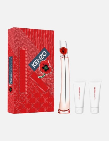 Cofre de regalo rojo de la marca KENZO junto al frasco estilizado de Flower by Kenzo y dos tubos blancos de locion corporal y c