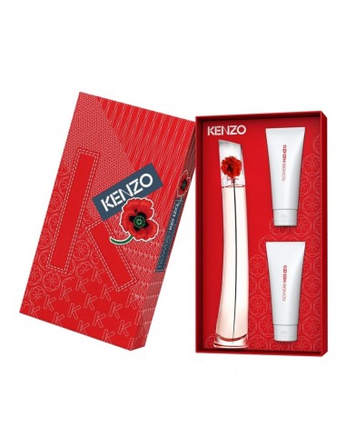 Estuche texturizado con diseno de amapola y los tres productos de cuidado corporal y perfumeria Flower by Kenzo