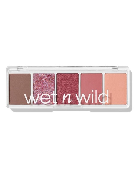 Vista frontal de la paleta de sombras de cinco tonos en gamas rosadas y marrones con tapa transparente.