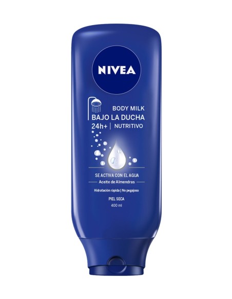 Bote azul de acondicionador corporal hidratante para aplicar durante el baño diario.