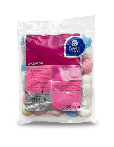 Bolsa transparente con cincuenta esferas de algodón de colores para la limpieza del rostro.