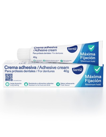 Tubo de crema adhesiva Senti2 de máxima fijación para prótesis dentales junto a su estuche de cartón