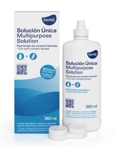 Estuche de cartón blanco y azul junto a un envase de plástico de solución única para lentes de contacto blandas con portalentes