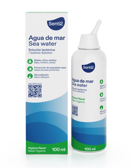 Bote de spray nasal isotónico de agua de mar Senti2 de cien mililitros junto a su estuche protector