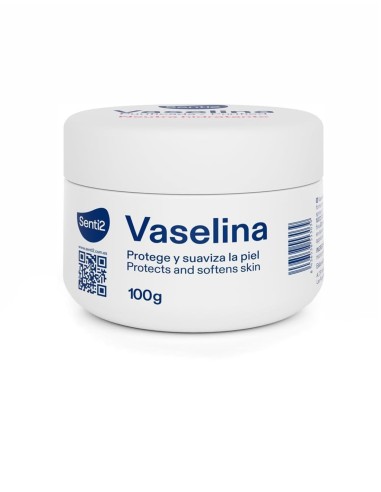 Envase redondo de 100 gramos de Senti2 Vaselina Purificada blanca con letras azules