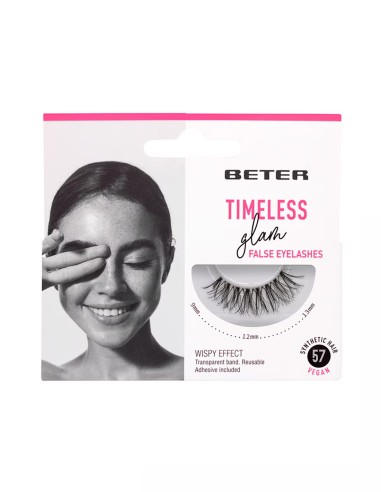 Caja del producto de pestañas postizas Beter número cincuenta y siete Timeless Glam con adhesivo incluido.
