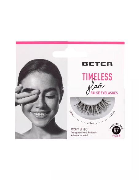 Caja del producto de pestañas postizas Beter número cincuenta y siete Timeless Glam con adhesivo incluido.