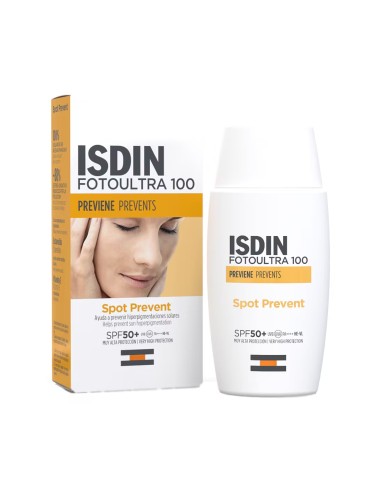 Vista frontal de la caja y el envase de ISDIN FotoUltra 100 Spot Prevent SPF 50+ de 50 ml.