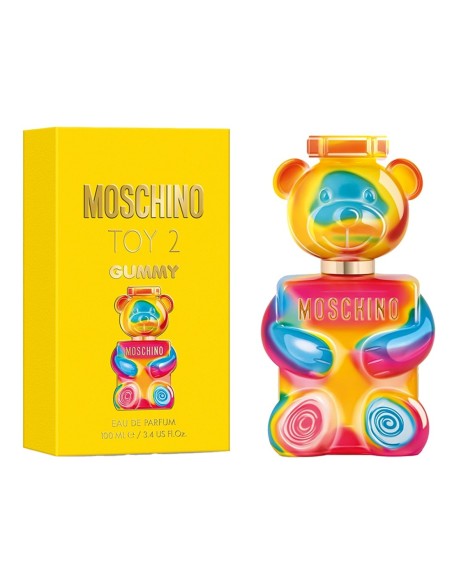 Vista frontal del perfume Moschino Toy 2 Gummy de 100 ml junto a su caja amarilla