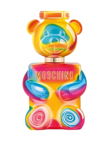 Frasco con forma de oso de Moschino con un llamativo diseño multicolor psicodélico