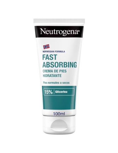 Vista frontal del tubo de 100 ml de crema de pies Neutrogena Fast Absorbing para pies normales a secos